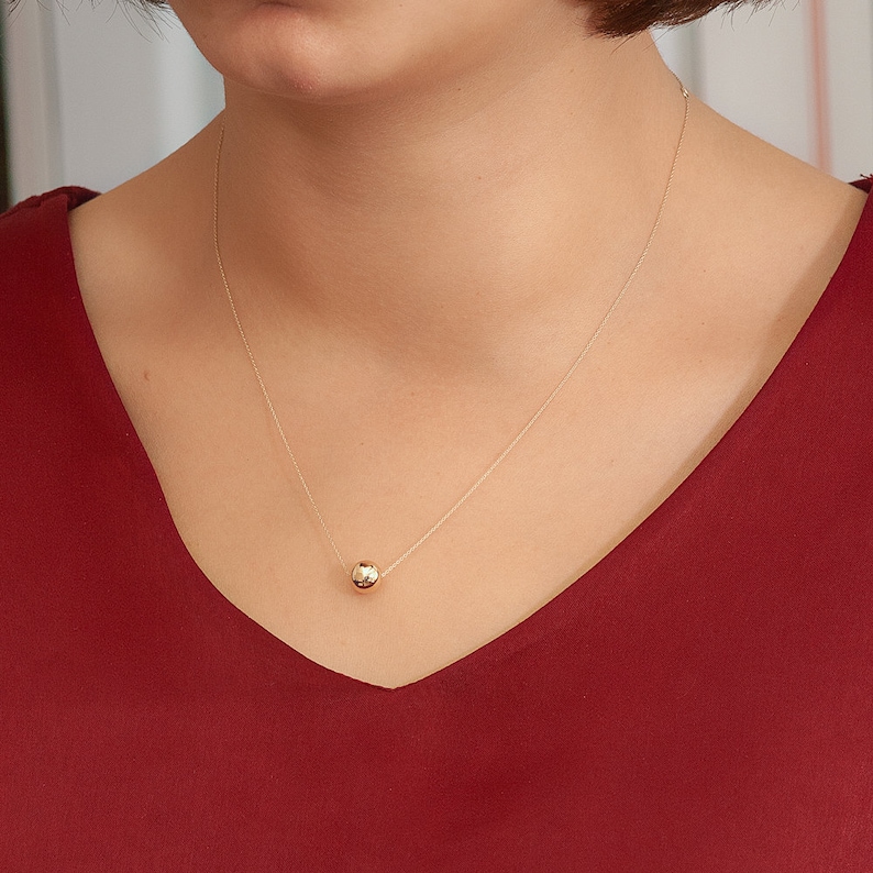 14K Real Gold Simple Ball Necklace Floating Yellow Solid Gold Etsy