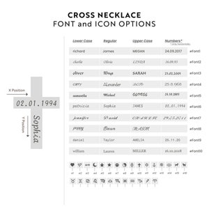 May include: A chart showing font and icon options for a cross necklace. The chart includes a list of names in different fonts, a list of numbers, and a selection of icons. The chart also includes a grid with X and Y position coordinates.