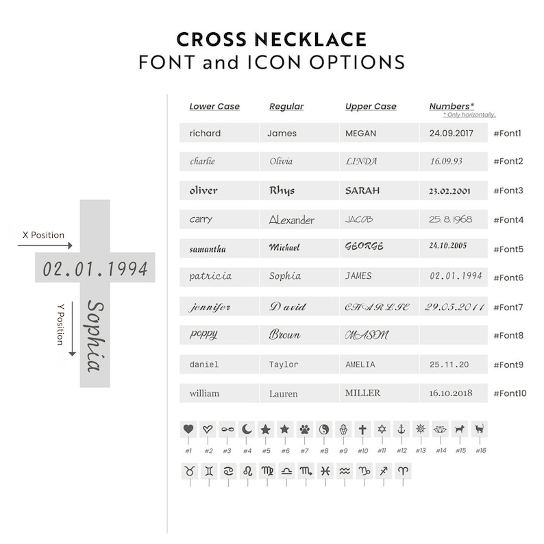 May include: A chart showing font and icon options for a cross necklace. The chart includes a list of names in different fonts, a list of numbers, and a selection of icons. The chart also includes a grid with X and Y position coordinates.