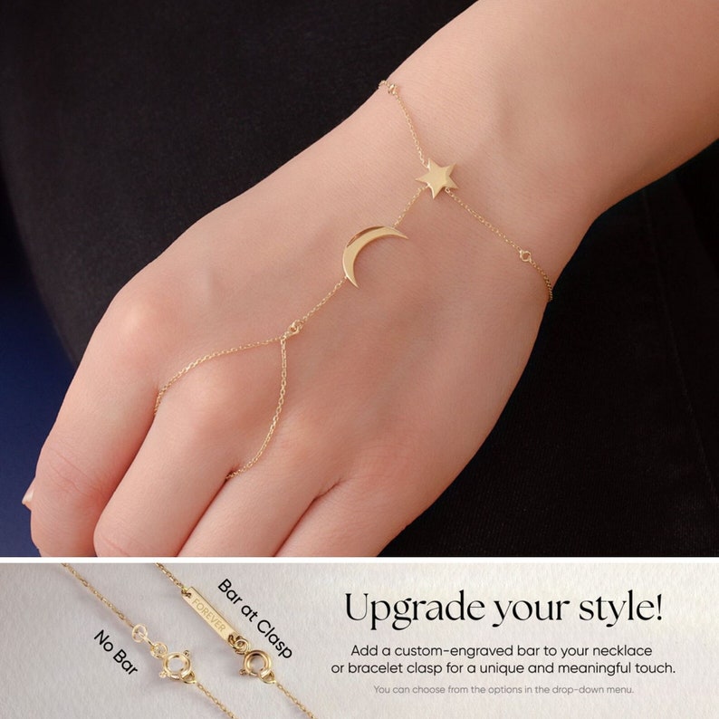 14k Gold Crescent Moon and Star Sahmaran Bracelet, Dainty Slave Bracelet is a Great Gift For Her. Christmas Gift image 2