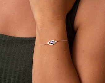 14k or 18k Solid Gold Dainty Evil Eye Bracelet, Minimalist Enamel Eye Bracelet, Blue Eye Chain Bracelet Great Gift For Her Valentine’s Gift