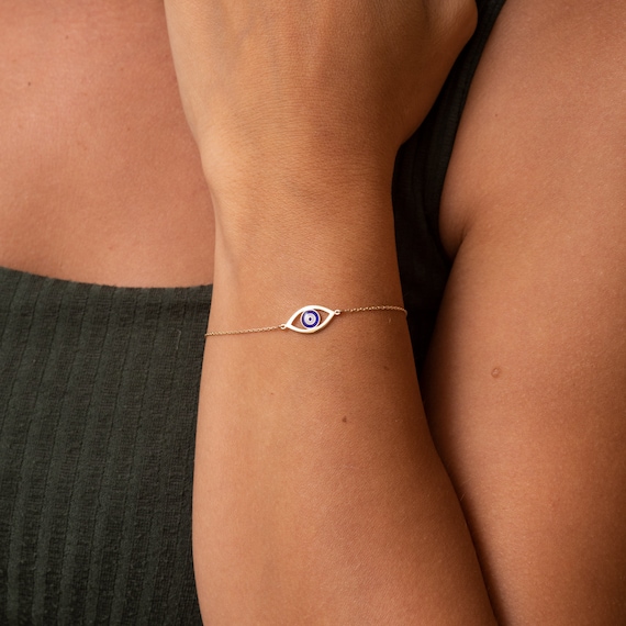 14k or 18k Solid Gold Dainty Evil Eye Bracelet Minimalist Enamel