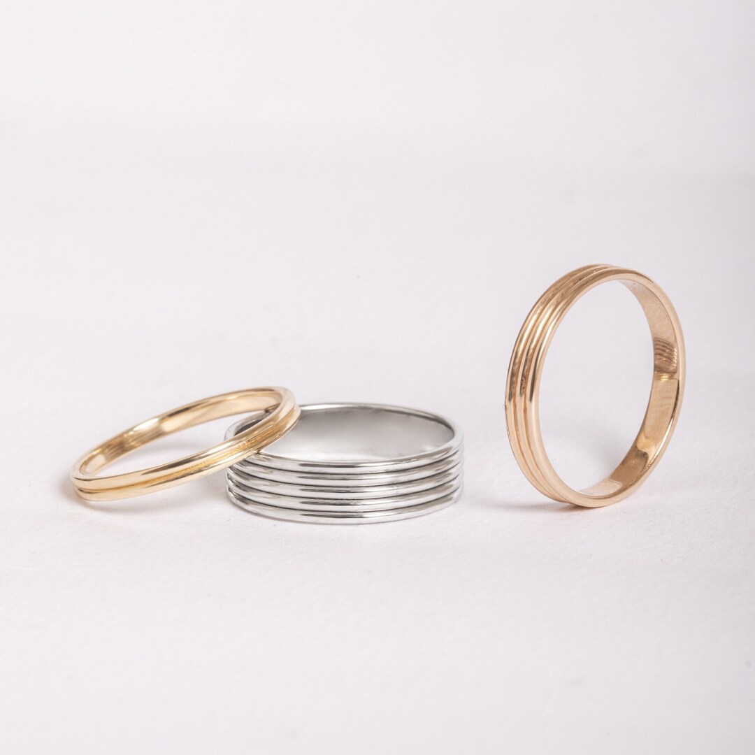 Solid Real Plain Gold Striped Wedding Band Ring in Yellow Rose White