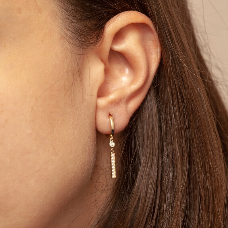 14K Solid Gold Dangle Drop Bar Earring 14k Solid Gold Bar Cz Etsy