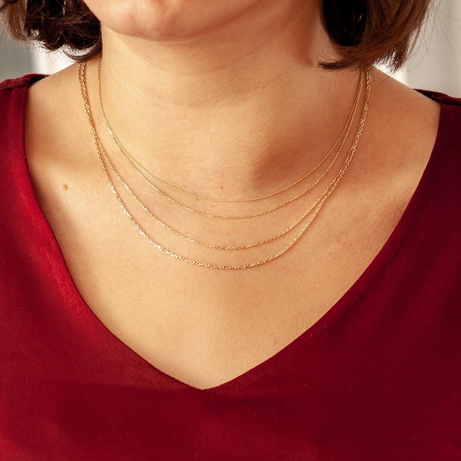18K Solid Gold Diamond Cut Cable Chain Necklace Yellow Rose
