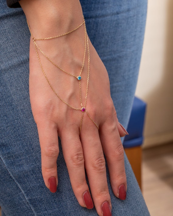 Bracciale Catena Mano Donna Placcato Oro 14K - Braccialetto Portafortuna Con Zirconia Cubica (Non Si Ossida)