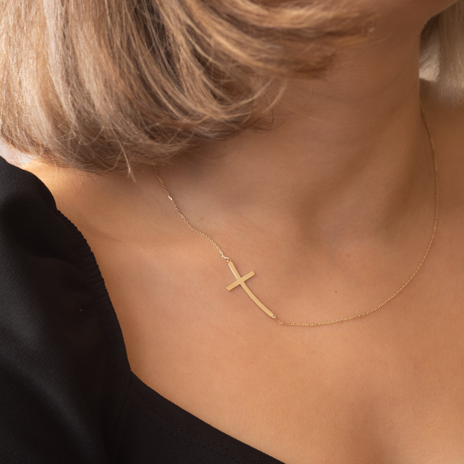 14K 18K Gold Curved Sideways Cross Necklace Dainty Plain Gold Cross 14k-18k-gold-curved-sideways-cross-necklace-dainty-plain-gold-cross
