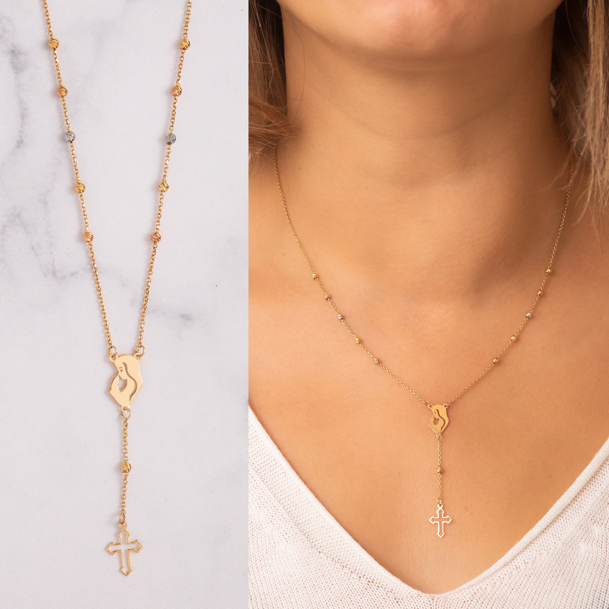 14K Solid Gold Mother and Child Rosary 