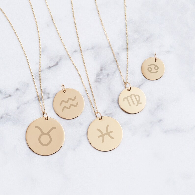 14K Solid Gold Custom Zodiac Necklace Engrave Zodiac Coin Etsy