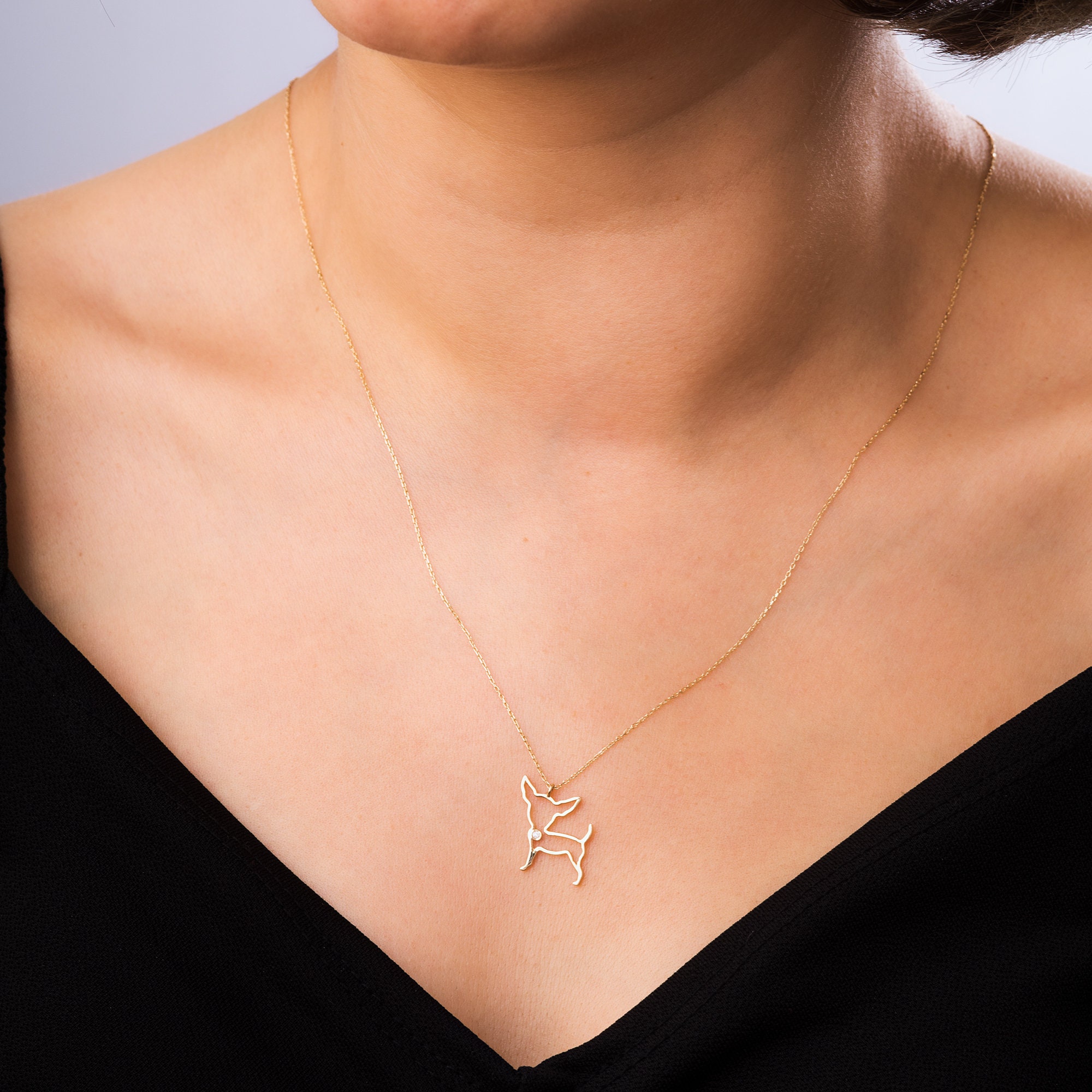 14k 18k Solid gold Diamond Chihuahua Pendant Necklace Gold Etsy