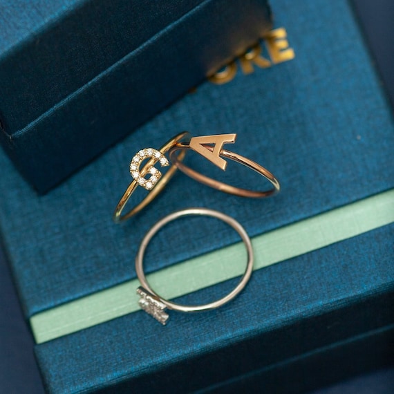 18K Gold Plated Initial Ring - Adjustable Open Letter Statement Ring With Cubic Zirconia - View #2