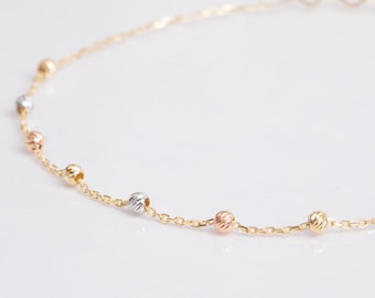 Pulsera minimalista de bolas, pulsera de cadena de bolas de oro macizo de 14 quilates, pulsera satélite en capas, pulsera de bolas delicadas, regalo para mujer