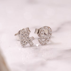 Diamond Number Earrings, 14K Solid Gold Numbers Stud Earring, Cz Personalized Custom Number Gold Earring is Bridesmaid Gift Valentine&#39;s gift