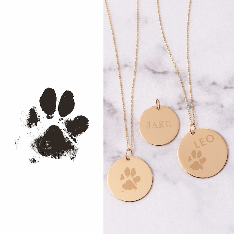 14K Solid Actual Dog Cat Paw Nose Print Necklace, Personalized Dainty Disc Pendant Necklace, Engravable Custom Pet Paw Print Necklace Gift image 1