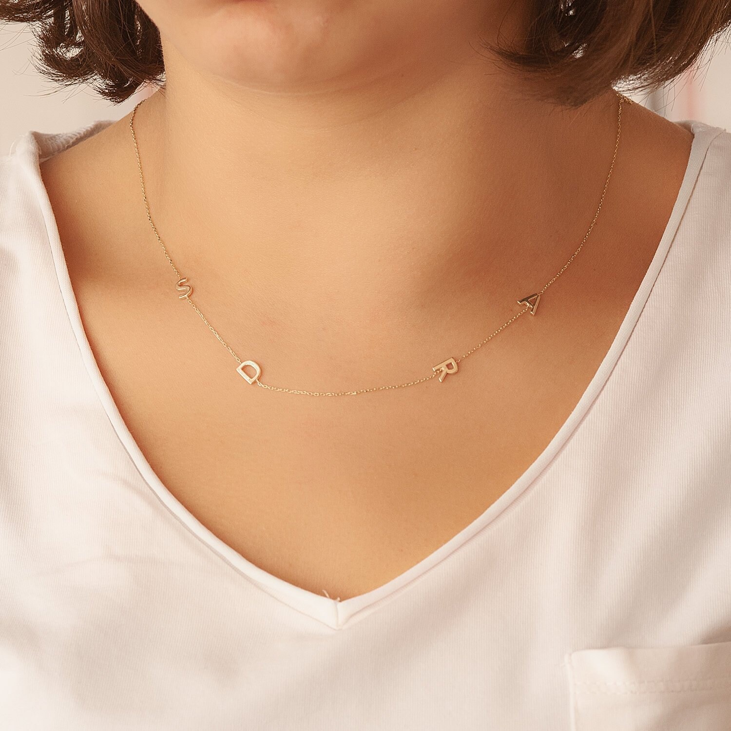 Sideways Initial Gold Necklace 14k Solid Gold Initial Letter | Etsy