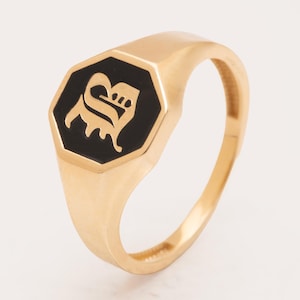 Anillo con sello inicial de esmalte negro, anillo con letra personalizada en oro auténtico de 14 quilates y 18 quilates, anillo con monograma unisex personalizado, joyería llamativa para hombres y mujeres.