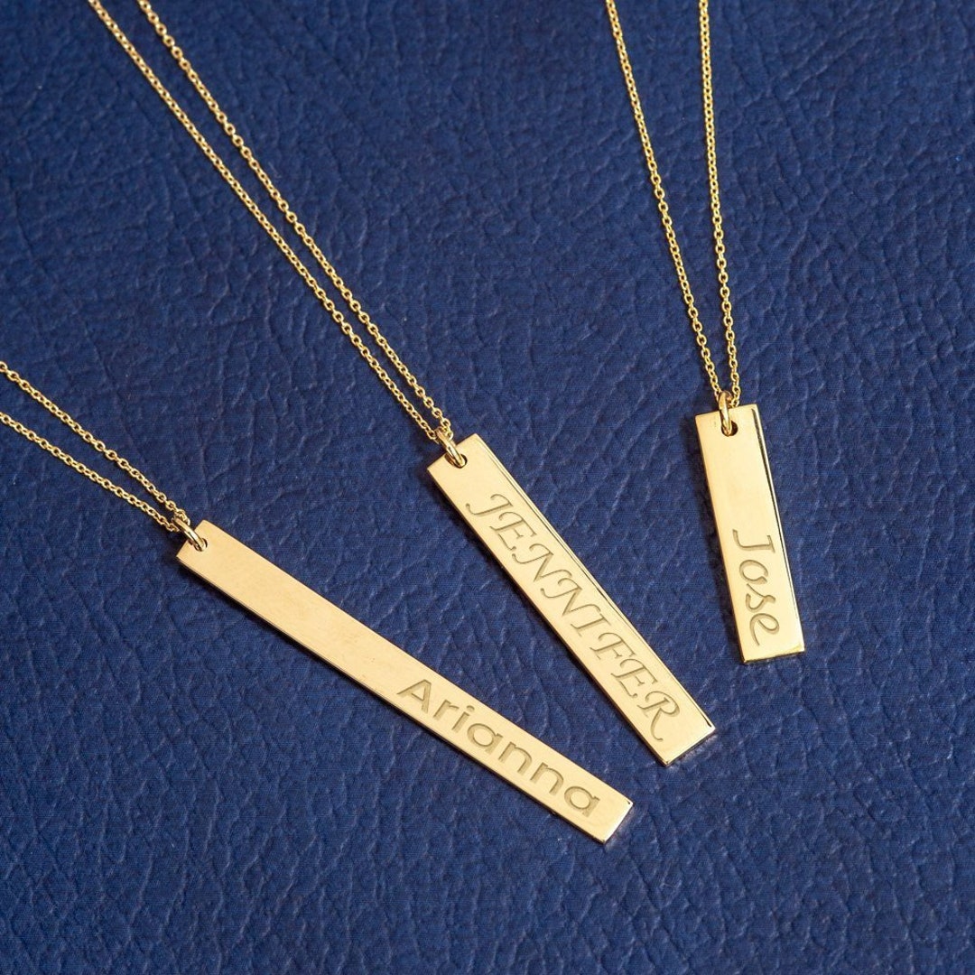 14k Solid Gold Custom Name Vertical Bar Necklace, Elegant Personalized