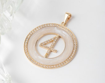 14K Solid Gold Number Necklace, Mother of Pearl & CZ Circle Number Pendant, Custom Birthday Anniversary Medallion