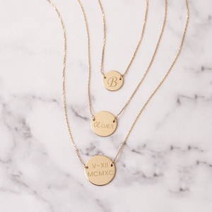 14K Solid Custom Engrave Disk Necklace, Personalized Dainty Solid Gold Charm Pendant Necklace, 14k Real Gold Engravable Layerd Disc Necklace