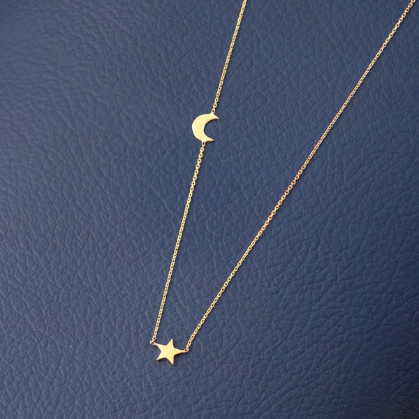 14k Gold Crescent Moon and Star Gold Necklace, Elegant Solid Gold Moon and Star Necklace is a Great Gift For Her.