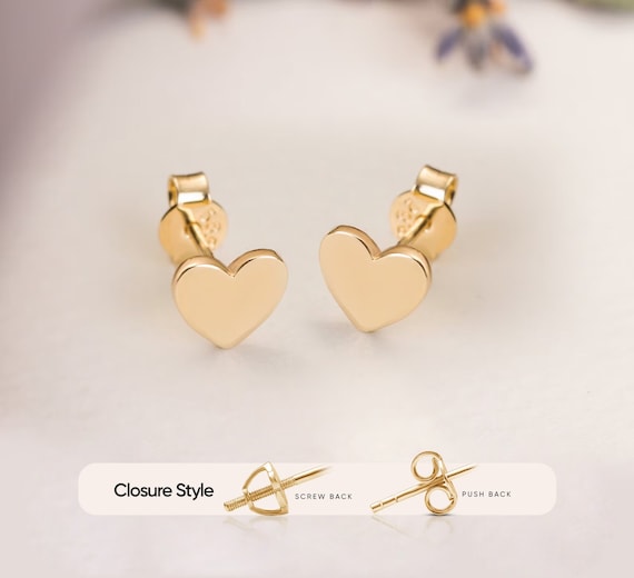 14K Gold Push Heart Flat Back Earring 14K Yellow