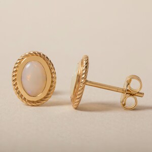 Genuine Opal Studs, 14K Real Gold Oval Opal Earrings, Minimalist Jewelry
