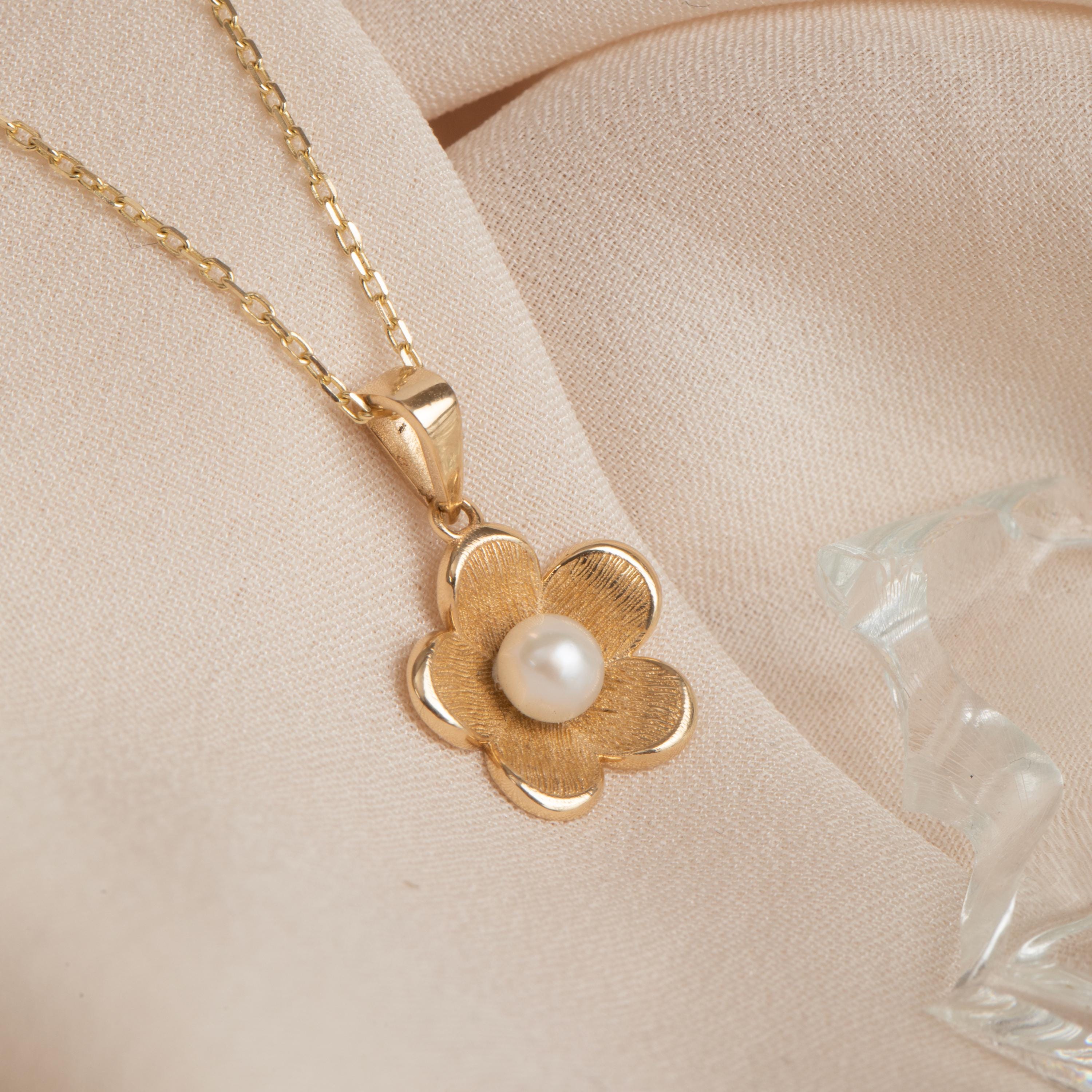 14k 18k Solid Gold Pearl Flower Pendant Necklace – Real Cultured
