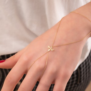 Solid Gold Bee Hand Chain Bracelet - Minimalist 14k/18k Jewelry in Yellow, Rose, White Gold | Ring Bracelet Nature-Inspired Gift for Her