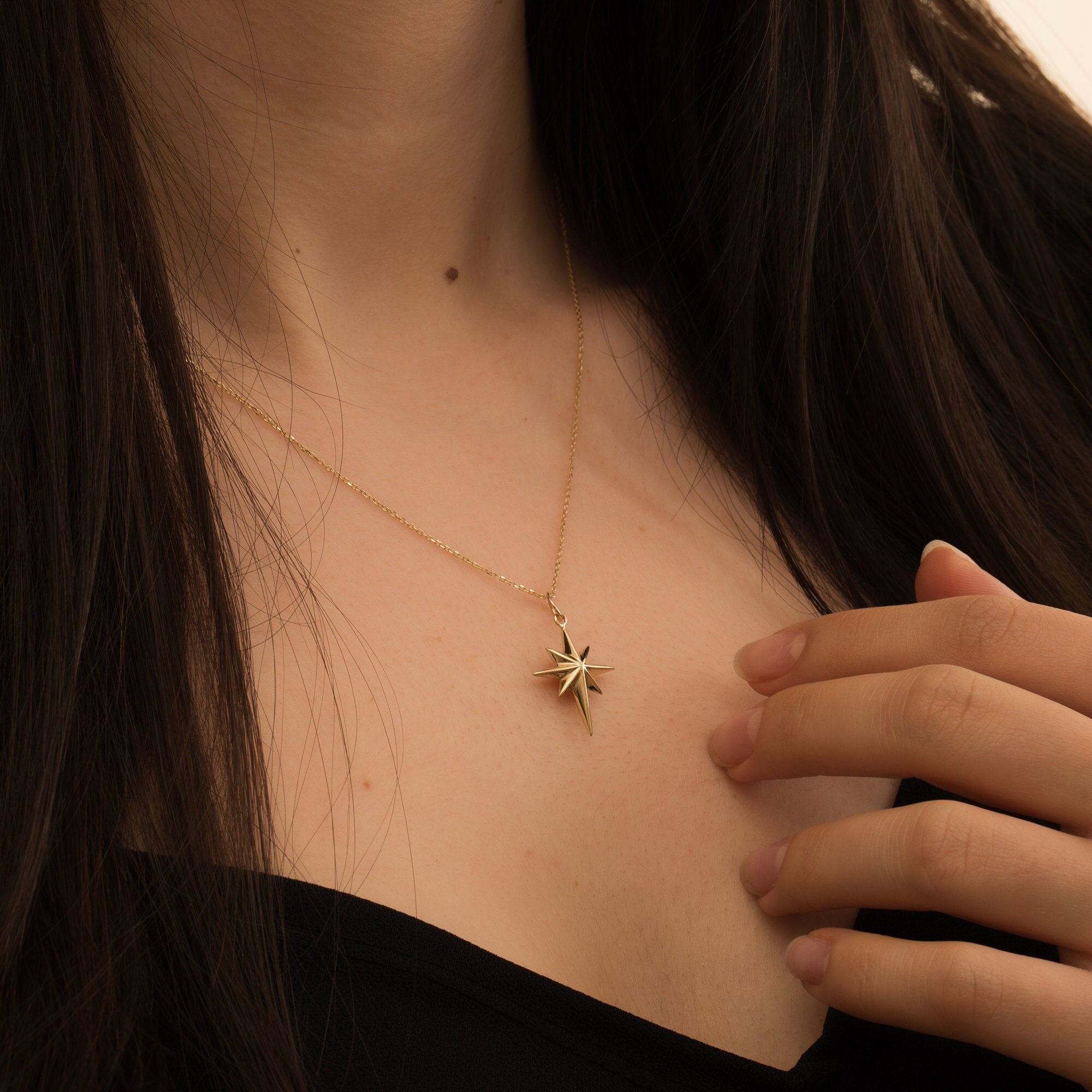 ノーススター 火葬骨壷 追悼 遺灰ペンダントネックレス 14K 18K 純金 スターバースト ポラリスチャーム 天体メモリアルジュエリー 女性用