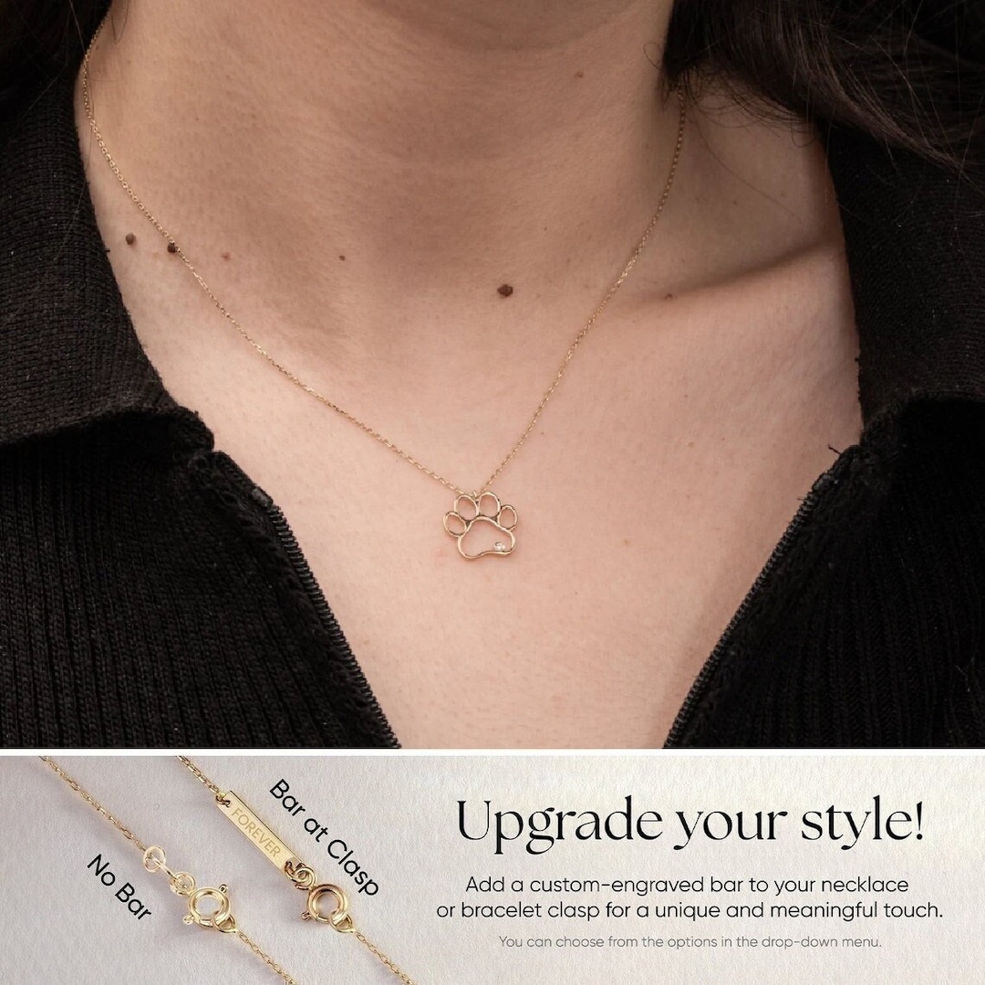 14K 18K Solid Gold Paw Print Pendant Necklace, Dainty Paw Print Diamond