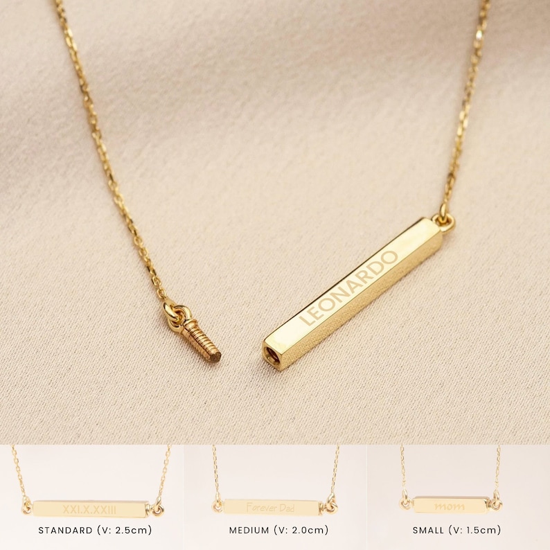 14K 18K Gold Custom Horizontal Cremation Urn Bar Necklace, 4 Side Engraved Memorial Necklace, Engrave Name Date Coordinate Funeral Necklace image 1