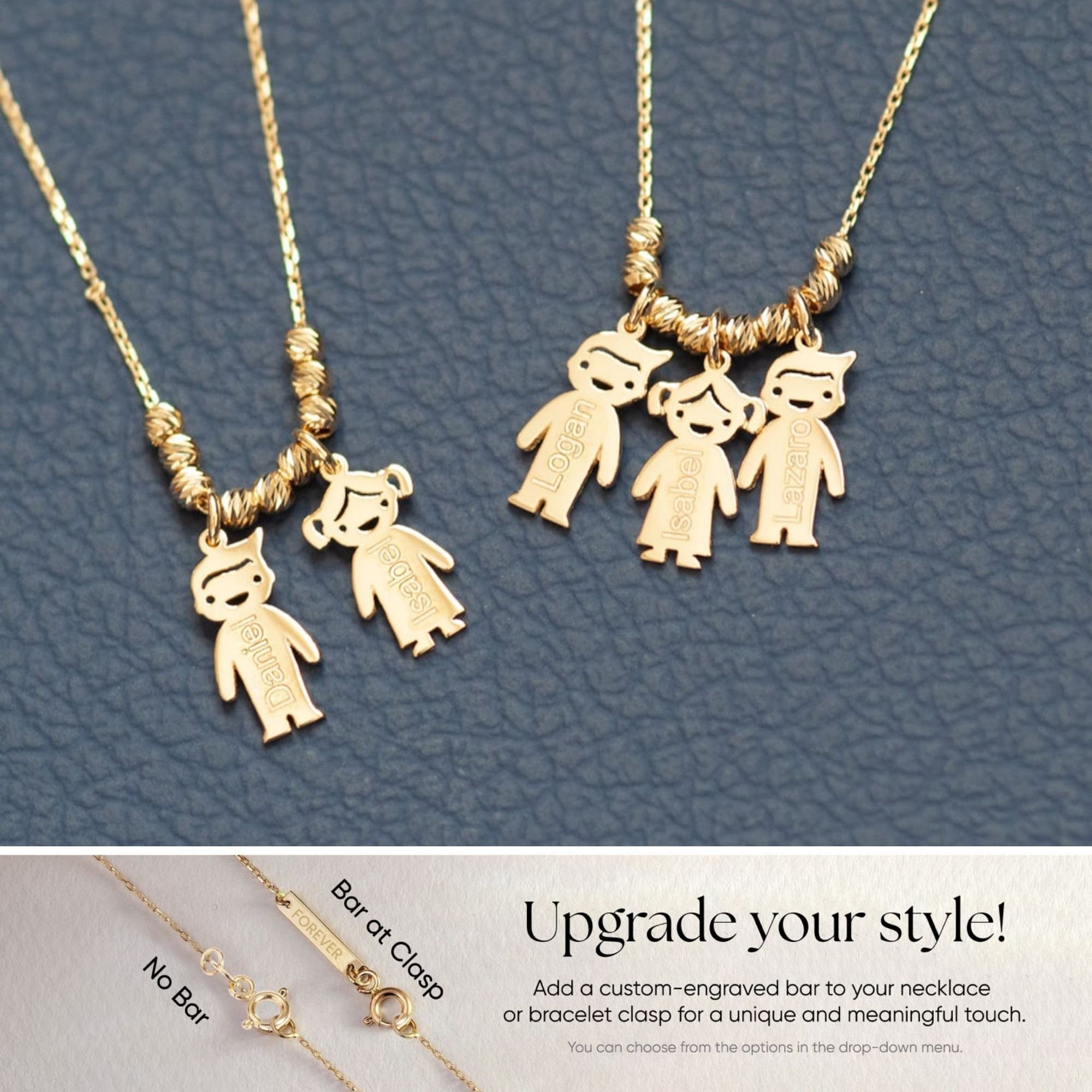 14K ゴールドのマザーズネックレス、子供用チャームが刻印されています