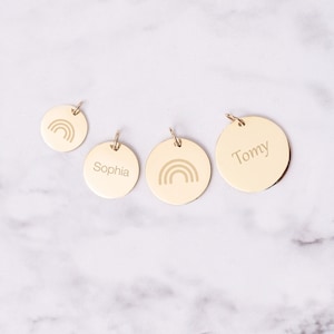 14K Solid Custom Engrave Rainbow Disk Necklace, Personalized Dainty Charm Pendant, Real Gold 2 Side Engravable Multi Disc Pendant Gift