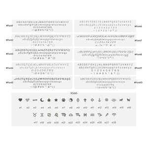 Puede incluir: Una hoja de referencia que muestra varias fuentes e iconos para joyer&iacute;a o manualidades personalizadas. Se muestran diez estilos de fuente diferentes, junto con una selecci&oacute;n de iconos que incluyen corazones, estrellas, signos del zodiaco y s&iacute;mbolos.