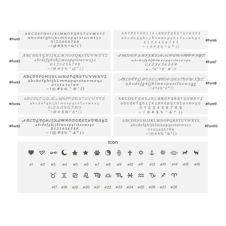 Puede incluir: Una hoja de referencia que muestra varias fuentes e iconos para joyer&iacute;a o manualidades personalizadas. Se muestran diez estilos de fuente diferentes, junto con una selecci&oacute;n de iconos que incluyen corazones, estrellas, signos del zodiaco y s&iacute;mbolos.