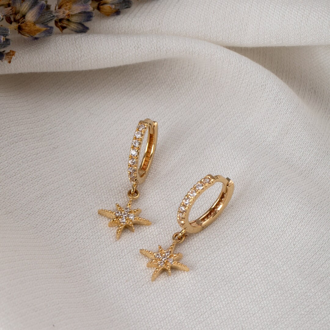 14K 18K Solid Gold Hoop North Star Earrings, Dainty Pole Star