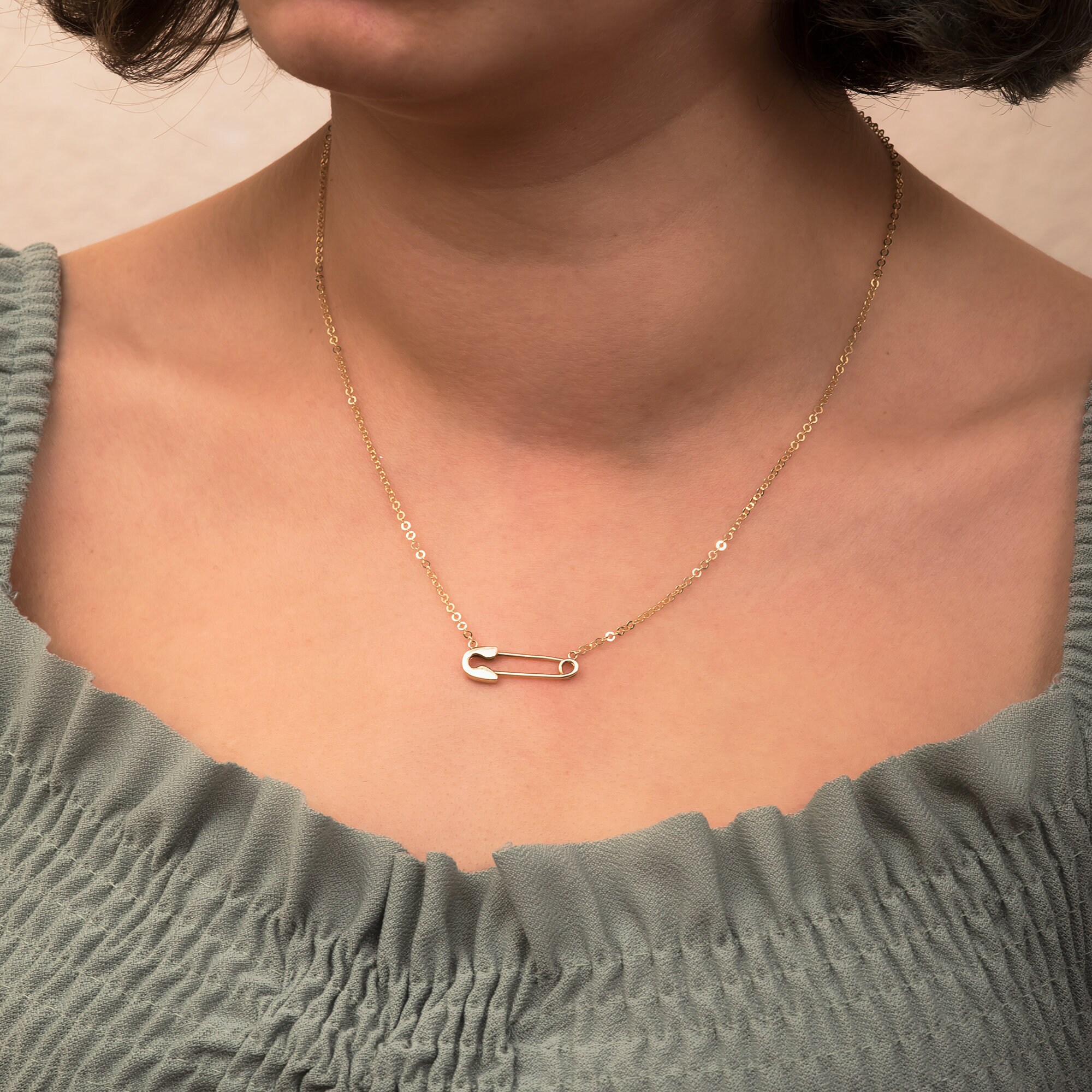 14k Real Solid Yellow Gold Safety Pin Necklace, Paper Clip