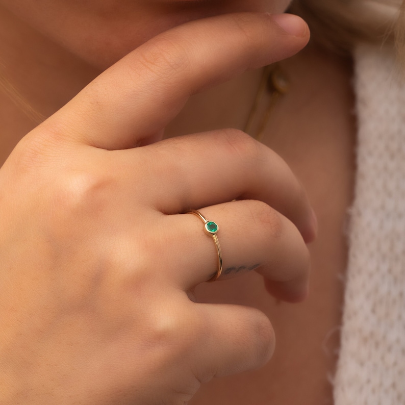 Emerald Solitaire Ring in 14k 18K Solid Gold, Bezel Set Round Emerald Engagement Gold Ring, Stacking Natural Emerald Ring Gift for Her image 1