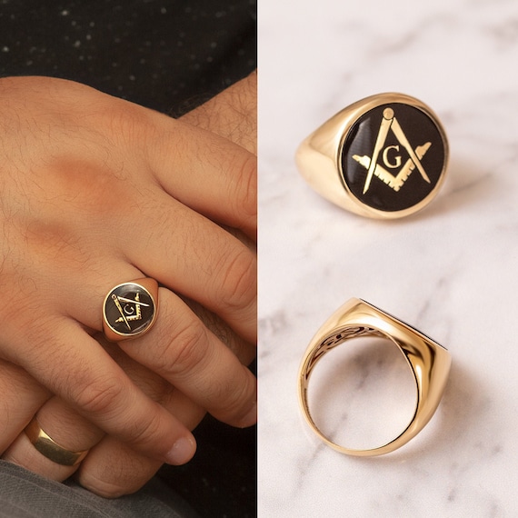 Solid Gold Freemason Band Ring Handcraft Mens Womens 