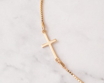 14K Solid Gold Sideways Cross Box Chain Bracelet, Gold Stylish Tiny Cross Bracelet, Yellow Gold Dainty Cross Faith Bracelet gift for her