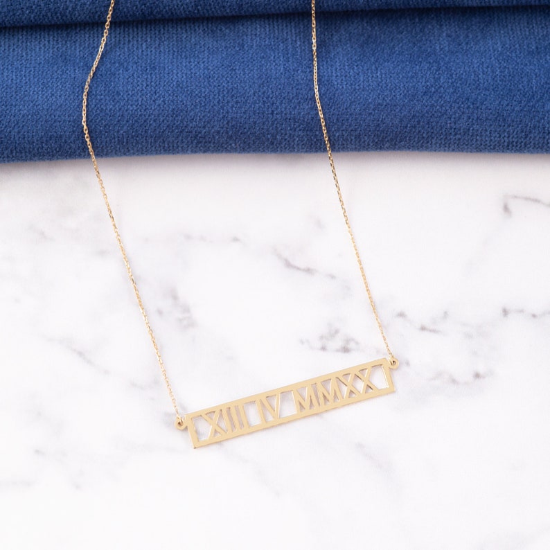 14k 18k Solid Gold Custom Roman Numeral Necklace, Personalized Wedding Keepsake Date Coordinates Necklace, Horizontal Necklace Gift for Her image 7