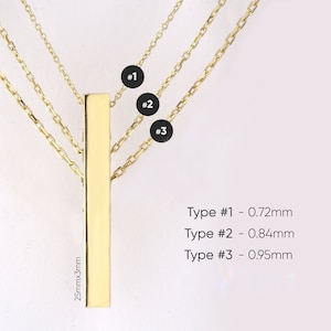 May include: Gold-colored bar pendant necklace with three chain styles. The bar measures 25mm x 3mm. Chain types are labeled #1, #2, and #3, with widths of 0.72mm, 0.84mm, and 0.95mm, respectively. The necklace is displayed against a light pink background.