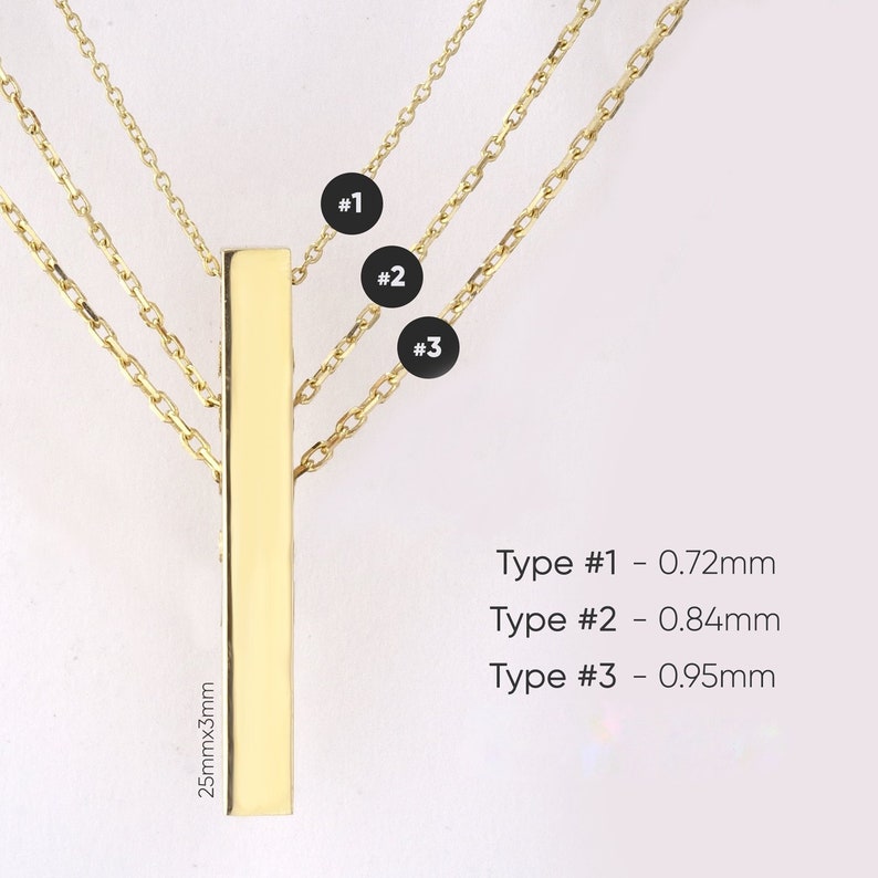 May include: Gold-colored bar pendant necklace with three chain styles. The bar measures 25mm x 3mm. Chain types are labeled #1, #2, and #3, with widths of 0.72mm, 0.84mm, and 0.95mm, respectively. The necklace is displayed against a light pink background.