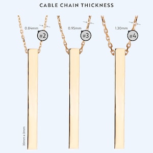 May include: Three gold cable chains of different thicknesses, labeled #2, #3, and #4. Each chain is attached to a gold bar pendant that is 30mm x 3mm.