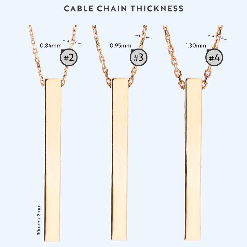 May include: Three gold cable chains of different thicknesses, labeled #2, #3, and #4. Each chain is attached to a gold bar pendant that is 30mm x 3mm.