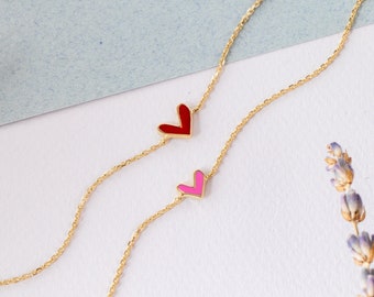 14k Solid Gold V Shape Heart Necklace, Custom Color Enamel Dainty Heart Necklace, Choker Heart Necklace, Love Charm Necklace, Gift for Her