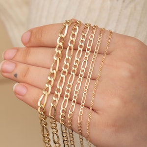 14k Real Gold Figaro Chain Necklace, Genuine 14 Karat Yellow Gold Necklace Hollow Figaro Chain Gift For Her or Him, Thicker Chain Necklace