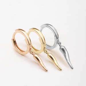 14k 18k Solid Gold Włoskie Kolczyki Rogowe, Talizman Szczęścia, Kolczyki Koła Cornicello & Cornetto, Złote Kolczyki Amulet, Idealny Prezent Dla Niej