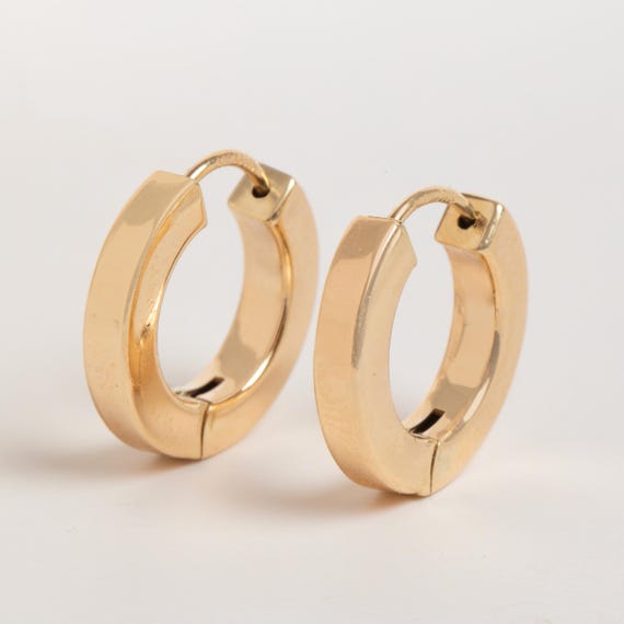 10k Yellow Gold Hoop Earrings 14mm Medium-Large Hinged Hoops - Flat Tu