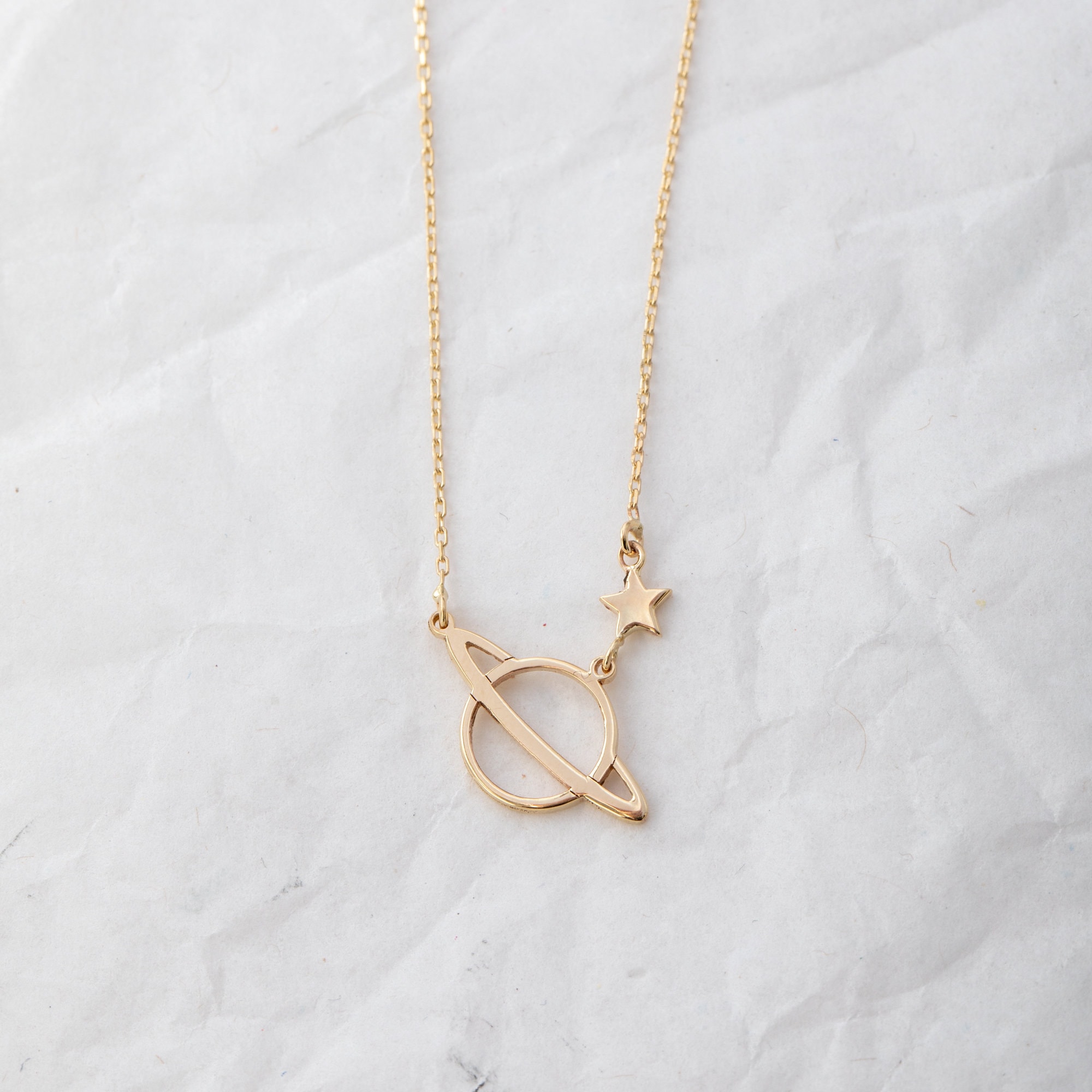 14K 18K Solid Gold Dainty Saturn Necklace Saturn & Star Gold Etsy